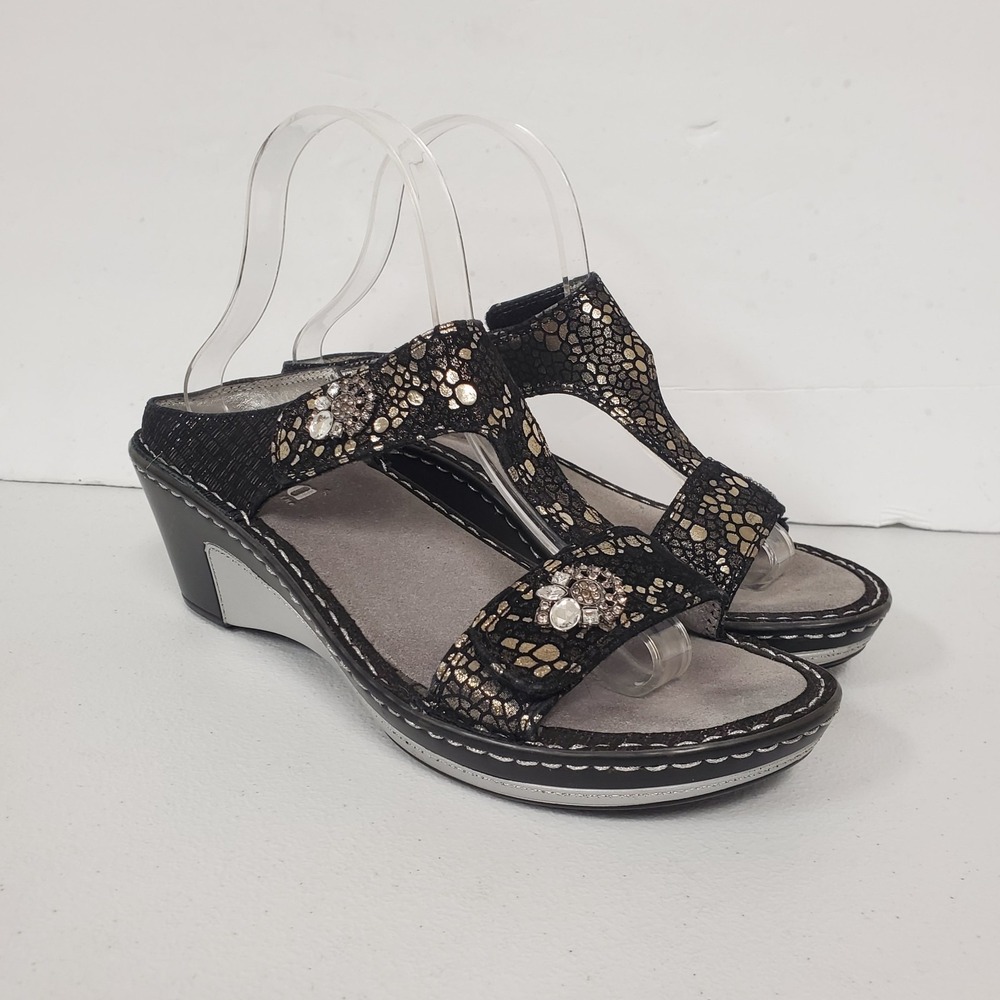 Alegria Lara T Strap Wedge Sandals Size 38 EUR 8/8.5 US Snake Print Comfort